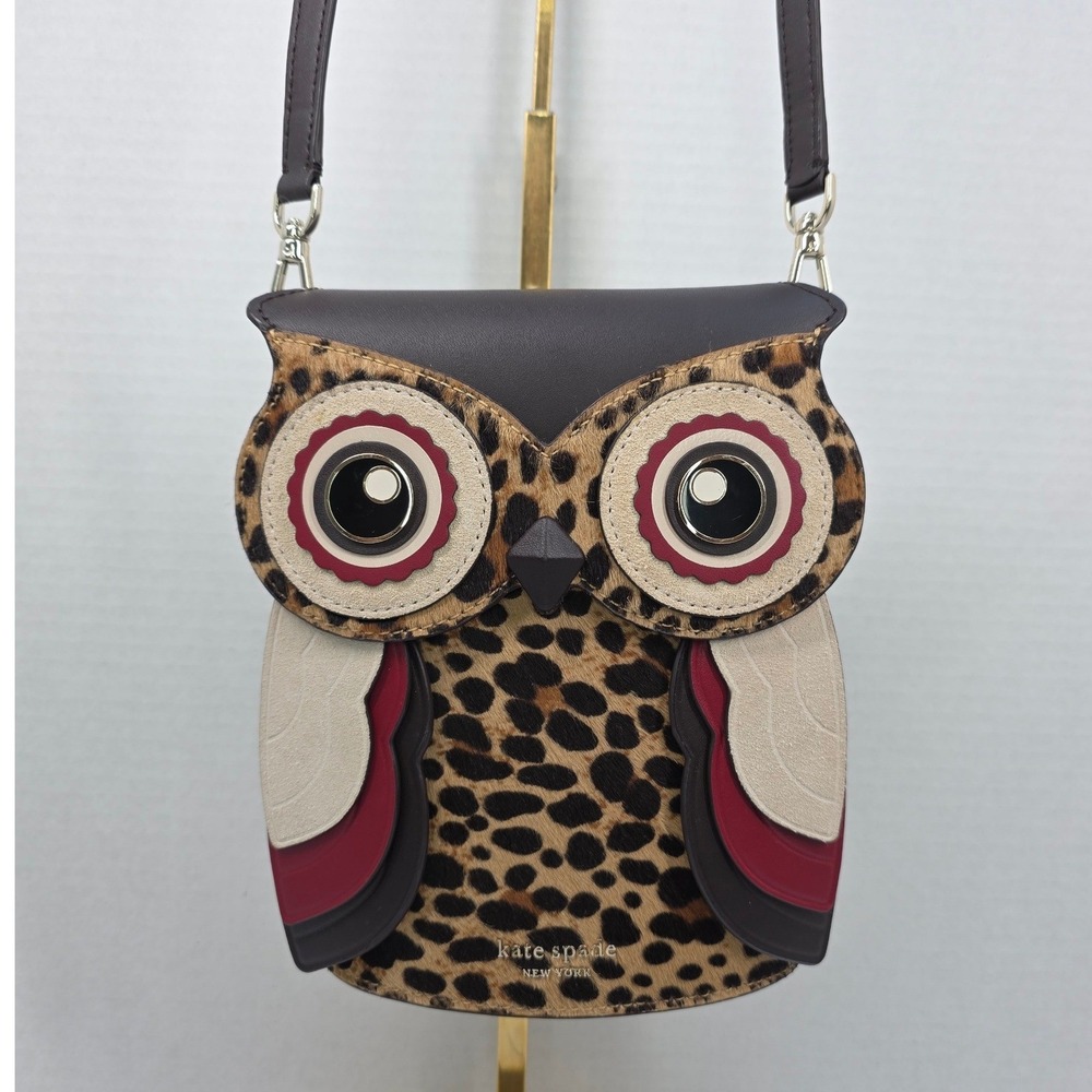 Kate Spade New York Blinx 3D Owl Crossbody Bag Leopard Calf Hair Novelty Brown